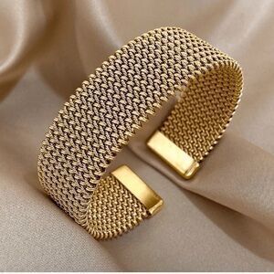 Gold Plated Braided Mesh Cuff Bracelet Dainty Minimalist Chic